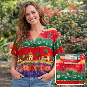 Howard Wolf Vintage 90s Rayon Village Landscape Button Front Blouse Red Size 10